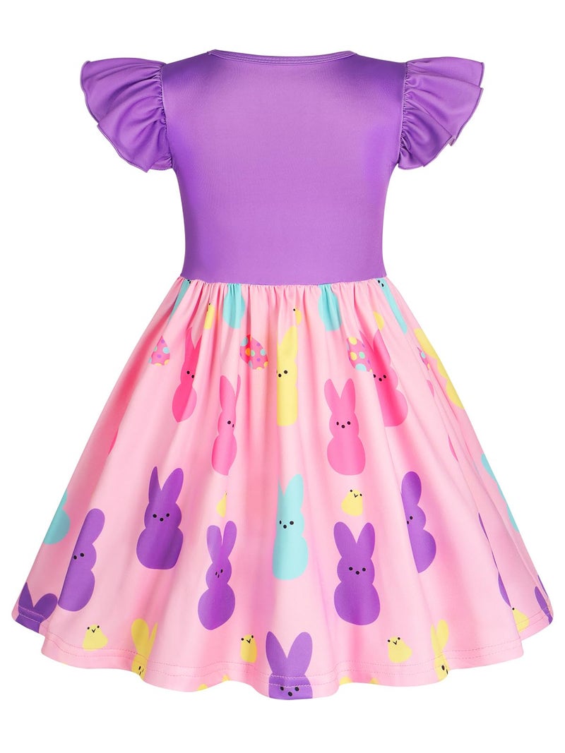 WonderBabe Toddler Kids Girls Easter Dress Bunny Easter Eggs Flutter Sleeve Clothes School Outfit Girls Casual Swing Ruffle Dress Size 6-7 Years - Image 3
