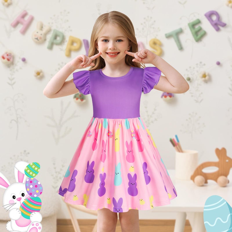 WonderBabe Toddler Kids Girls Easter Dress Bunny Easter Eggs Flutter Sleeve Clothes School Outfit Girls Casual Swing Ruffle Dress Size 6-7 Years - Image 2