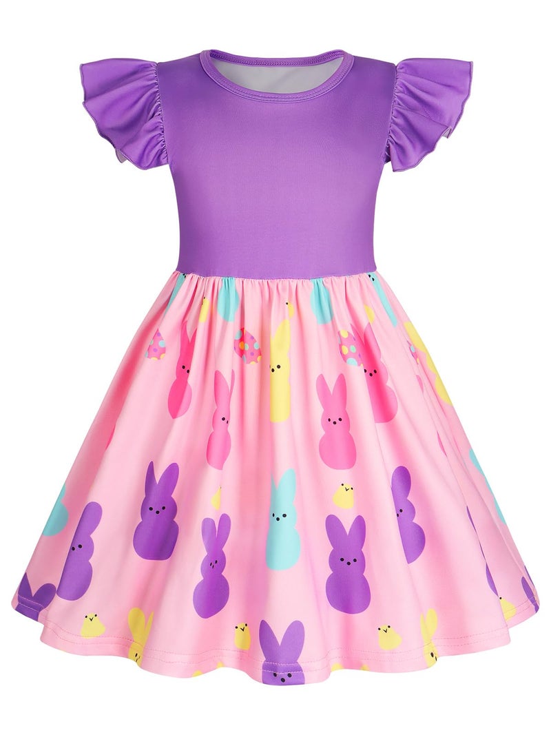 WonderBabe Toddler Kids Girls Easter Dress Bunny Easter Eggs Flutter Sleeve Clothes School Outfit Girls Casual Swing Ruffle Dress Size 6-7 Years - Image 1