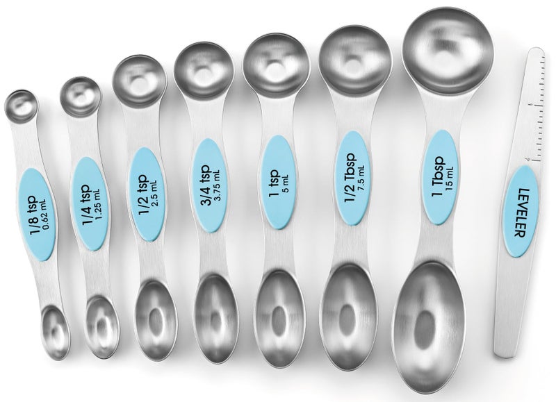 Spring Chef Stainless Steel Magnetic Measuring Spoons Set of 8 with Leveler Nesting Metal Teaspoon Tablespoon Measuring Spoons Fits in Spice Jars Kitchen Gadgets for Baking Cooking Aqua Sky