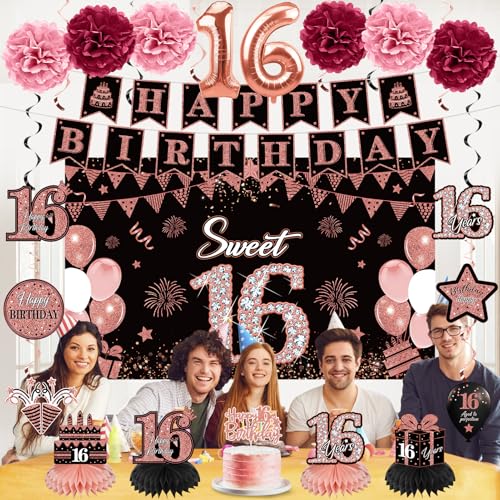 Eucutur 42PCS 16th Birthday Party Decoration Kit for Girls, Rose Gold Happy 16th Bday Banner Balloon Honeycomb Centerpiece Swirl Paper Pompom Party Supplies, 16 Bday Sash Table Cake Topper Swirl - Image 5