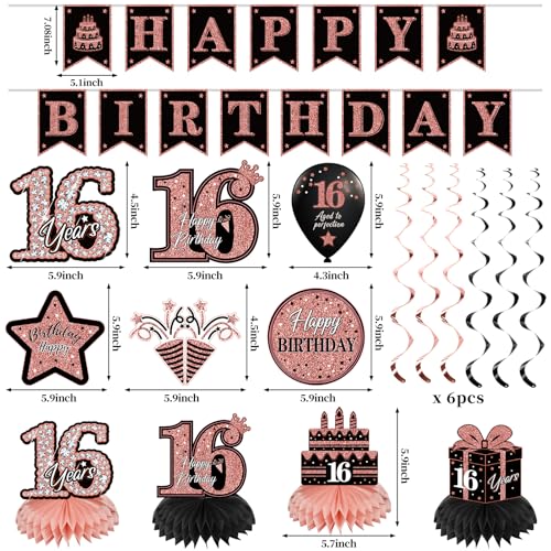 Eucutur 42PCS 16th Birthday Party Decoration Kit for Girls, Rose Gold Happy 16th Bday Banner Balloon Honeycomb Centerpiece Swirl Paper Pompom Party Supplies, 16 Bday Sash Table Cake Topper Swirl - Image 2