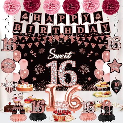Eucutur 42PCS 16th Birthday Party Decoration Kit for Girls, Rose Gold Happy 16th Bday Banner Balloon Honeycomb Centerpiece Swirl Paper Pompom Party Supplies, 16 Bday Sash Table Cake Topper Swirl - Image 4