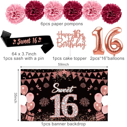 Eucutur 42PCS 16th Birthday Party Decoration Kit for Girls, Rose Gold Happy 16th Bday Banner Balloon Honeycomb Centerpiece Swirl Paper Pompom Party Supplies, 16 Bday Sash Table Cake Topper Swirl - Image 3