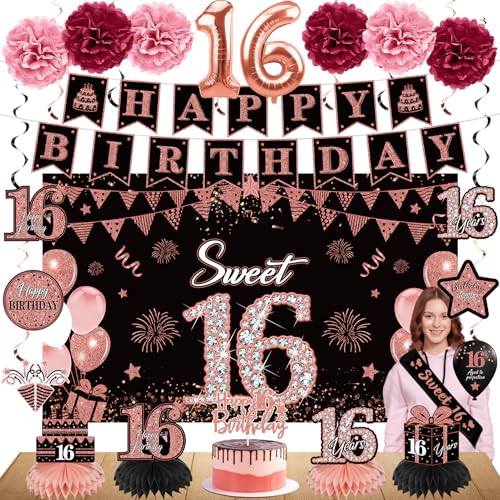 Eucutur 42PCS 16th Birthday Party Decoration Kit for Girls, Rose Gold Happy 16th Bday Banner Balloon Honeycomb Centerpiece Swirl Paper Pompom Party Supplies, 16 Bday Sash Table Cake Topper Swirl - Image 1