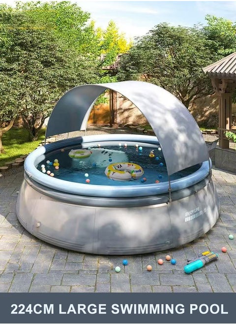 UV-Protected Inflatable Swimming Pool with Canopy,Diameter is 244cm, 2m² Shade Coverage, PVC Material,  Grey