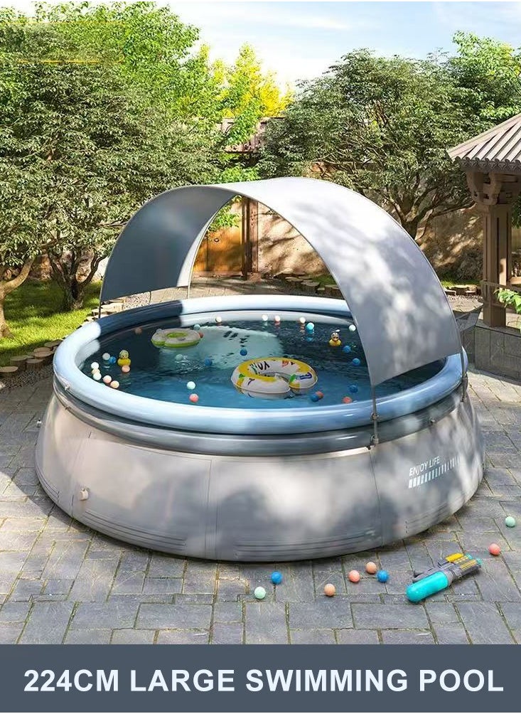 UV-Protected Inflatable Swimming Pool with Canopy,Diameter is 244cm, 2m² Shade Coverage, PVC Material,  Grey