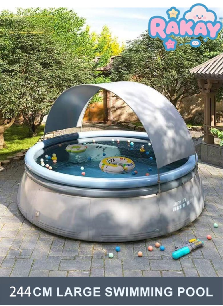 UV-Protected Inflatable Swimming Pool with Canopy,Diameter is 244cm, 2m² Shade Coverage, PVC Material,  Grey