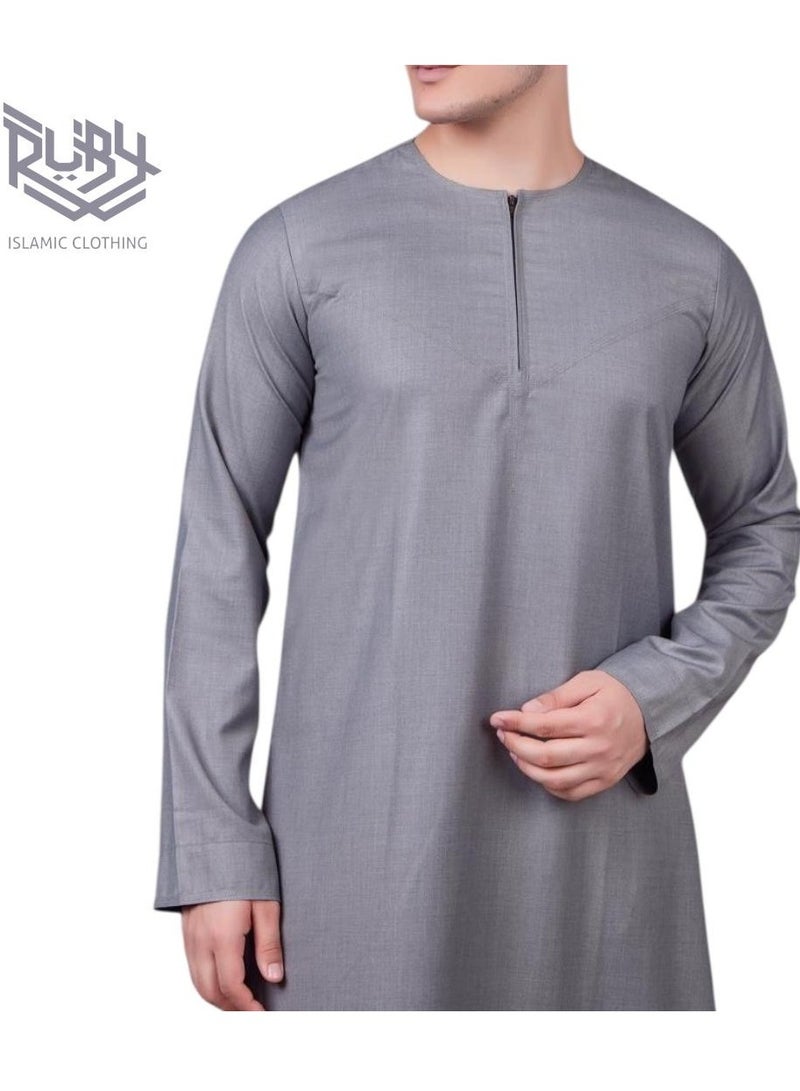 روبي للملابس الإسلامية ثوب كندورة رمادي إماراتي للرجال مع تفاصيل سحاب عصرية - Image 4
