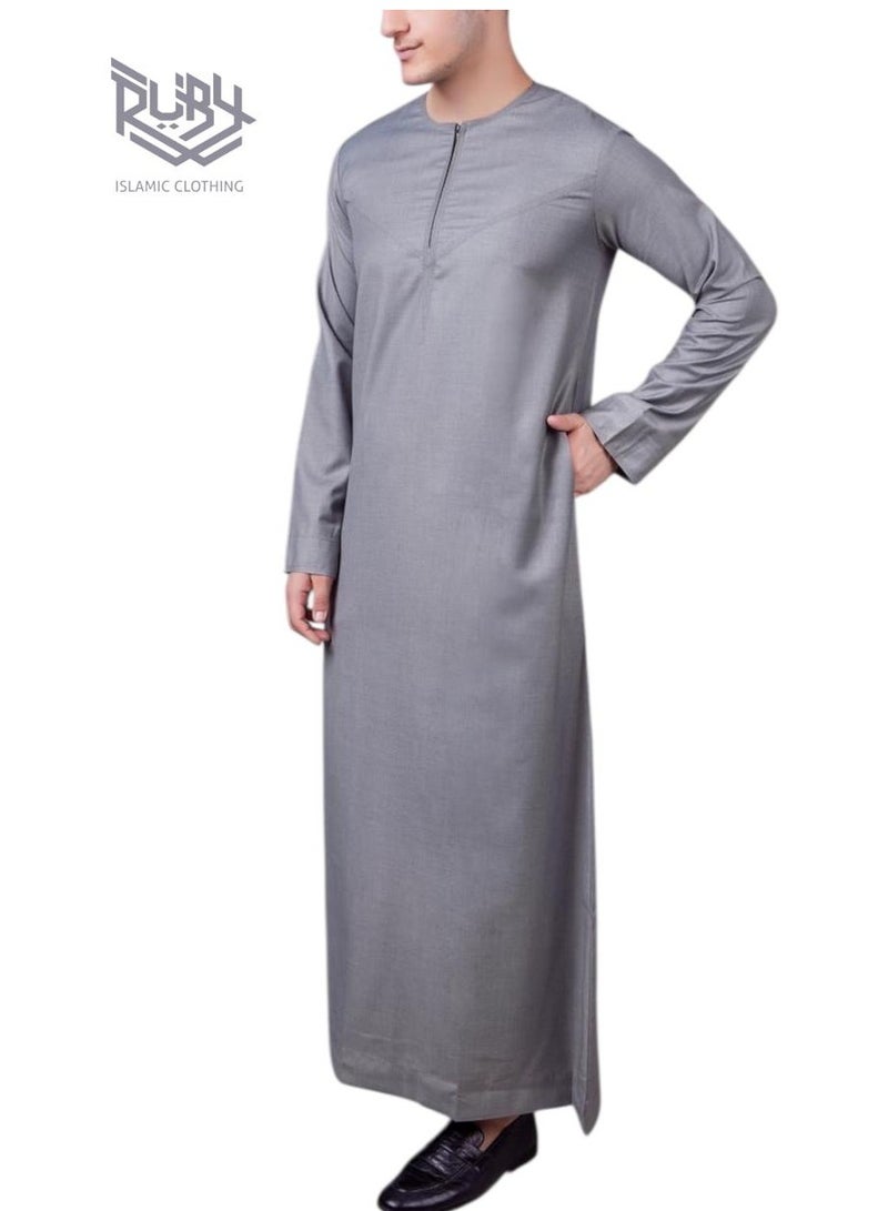 روبي للملابس الإسلامية ثوب كندورة رمادي إماراتي للرجال مع تفاصيل سحاب عصرية - Image 2
