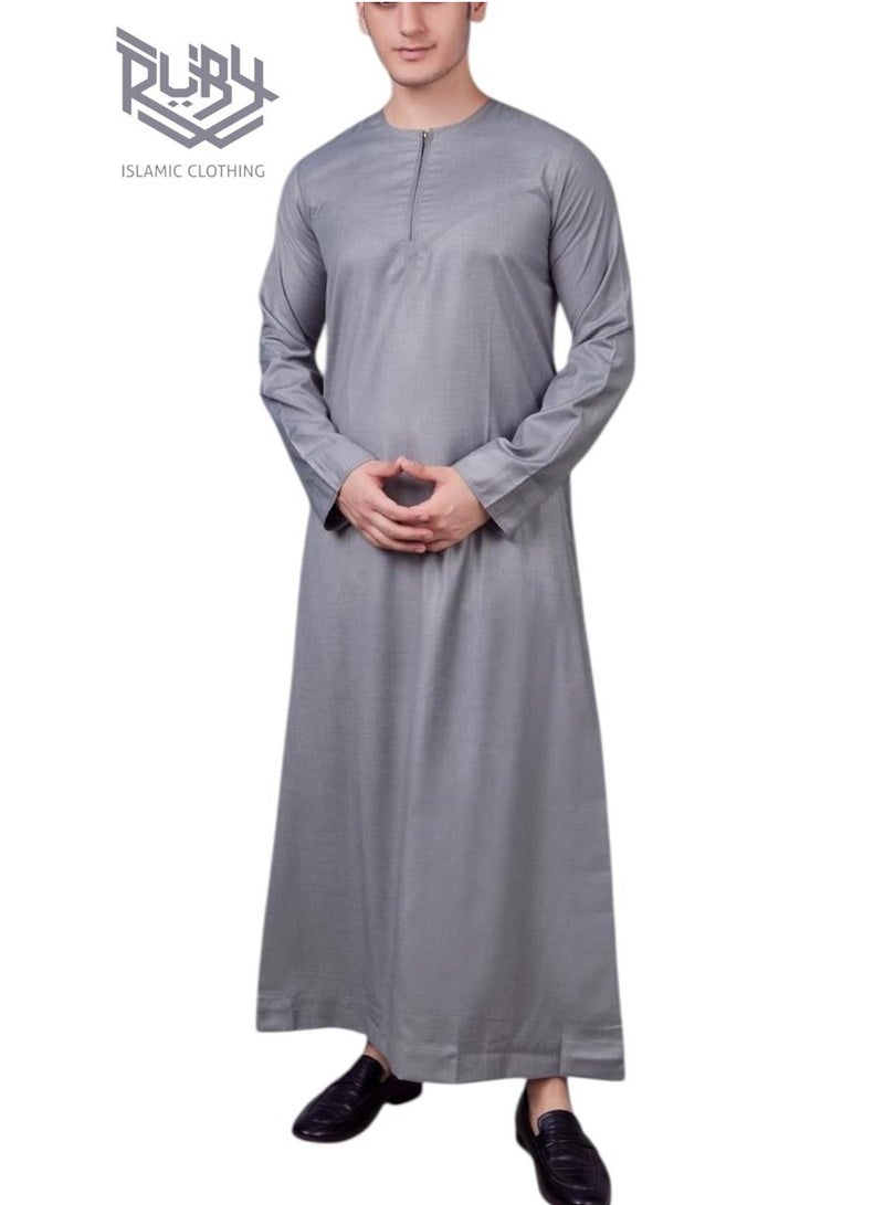 روبي للملابس الإسلامية ثوب كندورة رمادي إماراتي للرجال مع تفاصيل سحاب عصرية - Image 3