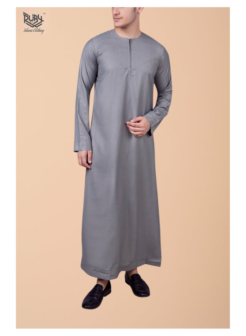 روبي للملابس الإسلامية ثوب كندورة رمادي إماراتي للرجال مع تفاصيل سحاب عصرية - Image 1