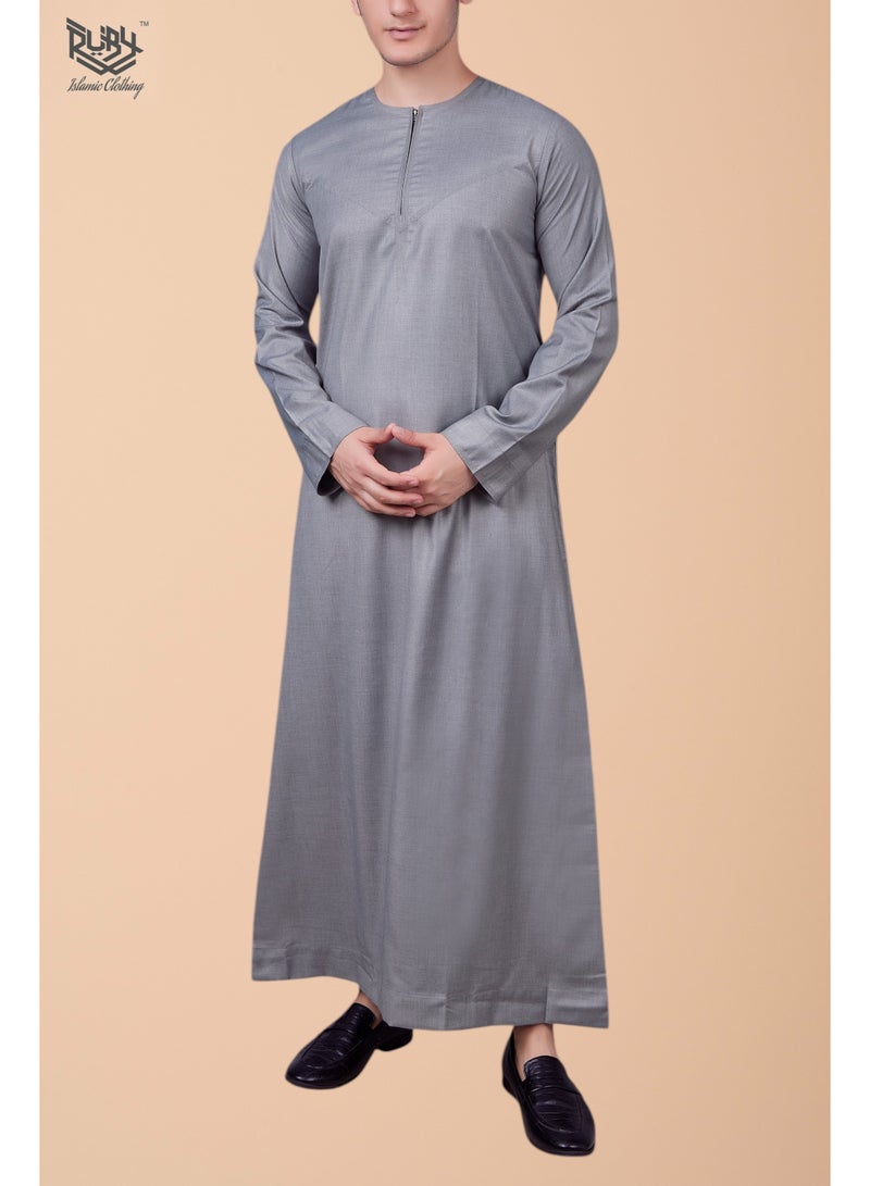 روبي للملابس الإسلامية ثوب كندورة رمادي إماراتي للرجال مع تفاصيل سحاب عصرية - Image 2