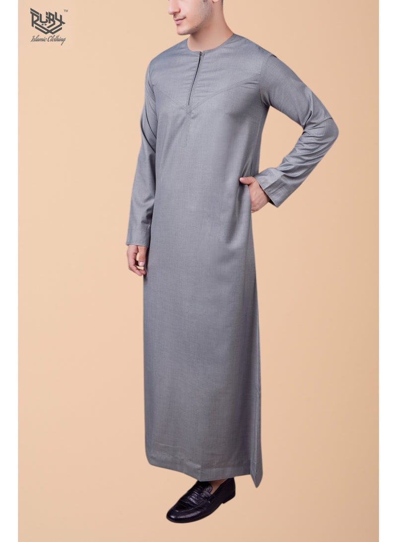 روبي للملابس الإسلامية ثوب كندورة رمادي إماراتي للرجال مع تفاصيل سحاب عصرية - Image 3