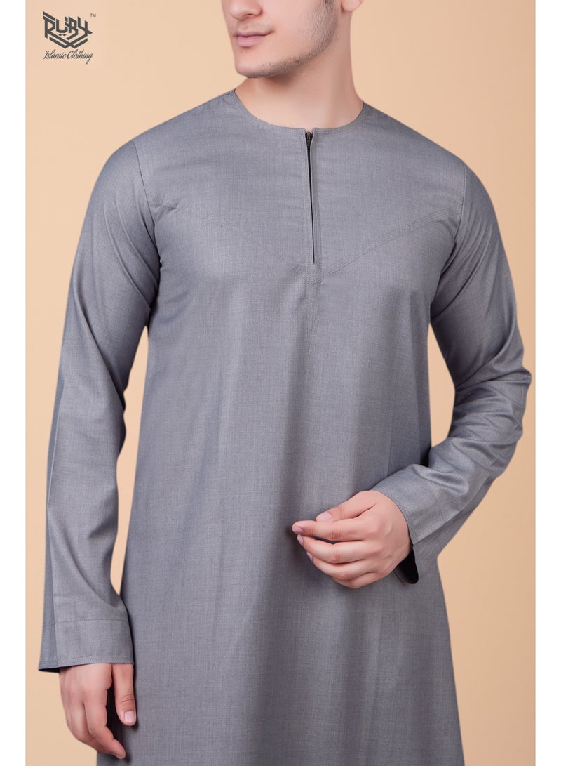 روبي للملابس الإسلامية ثوب كندورة رمادي إماراتي للرجال مع تفاصيل سحاب عصرية - Image 4