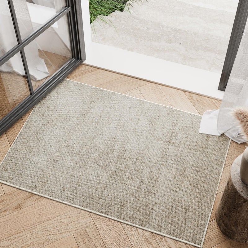 jinchan Modern Area Rug 2x3 Washable Rug Indoor Thin Entryway Doormat Grid Accent Floor Cover Geometric Contemporary Non Slip Soft Carpet for Kitchen Living Room Bedroom Bathroom Home Office Taupe - Image 2