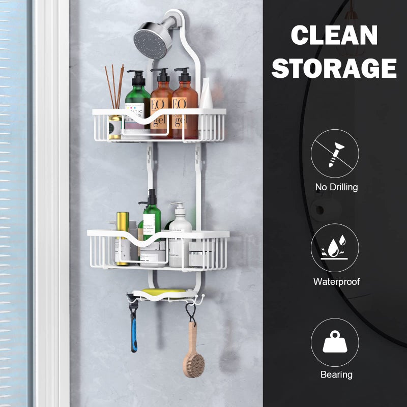 Kadolina Hanging Shower Caddy  Over Head Shower Caddy Shower Organizer Rack Basket with Soap Dish  Hooks for Razor and Sponge (Soft White) - Image 3