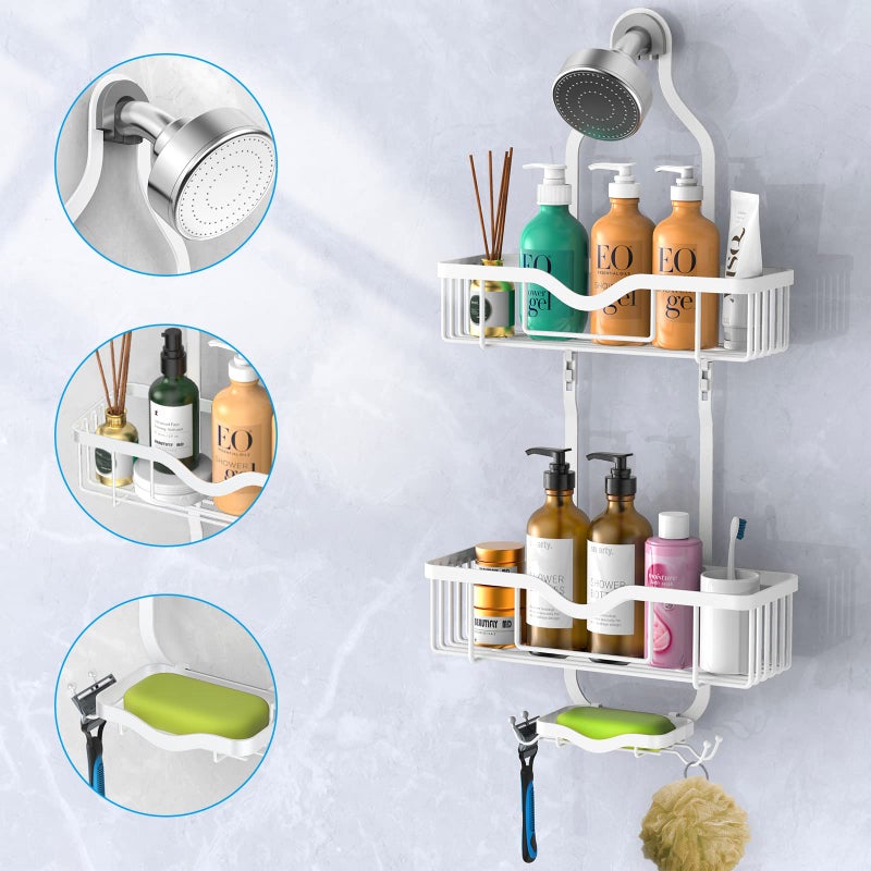 Kadolina Hanging Shower Caddy  Over Head Shower Caddy Shower Organizer Rack Basket with Soap Dish  Hooks for Razor and Sponge (Soft White) - Image 4