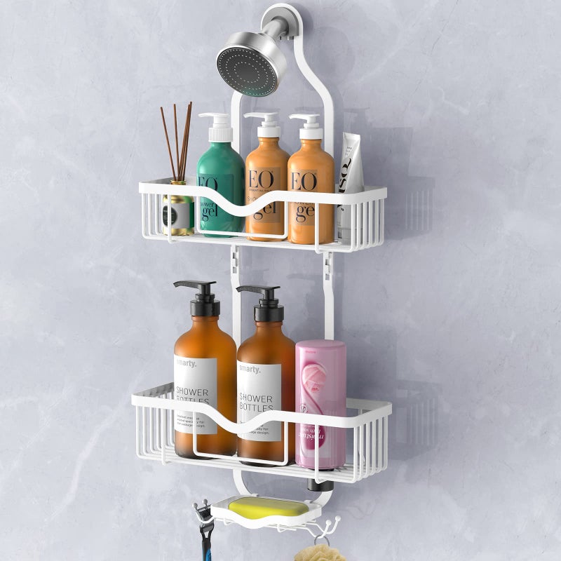Kadolina Hanging Shower Caddy  Over Head Shower Caddy Shower Organizer Rack Basket with Soap Dish  Hooks for Razor and Sponge (Soft White) - Image 1