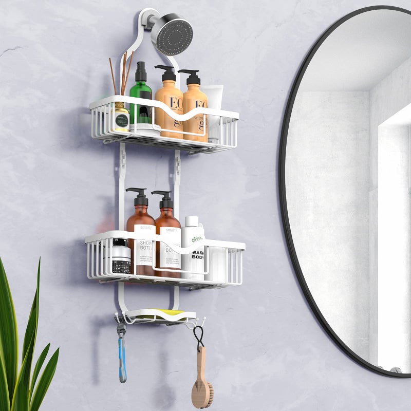 Kadolina Hanging Shower Caddy  Over Head Shower Caddy Shower Organizer Rack Basket with Soap Dish  Hooks for Razor and Sponge (Soft White) - Image 5