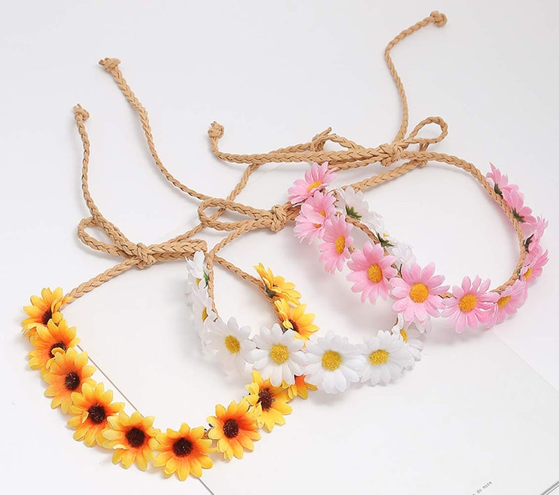 T-shin Little Daisy Flower Headband, Flower Halo,Hippie Flower Crown,Boho Floral Wreath,Bridal Headpiece,Sunflower Wreath for Women and Girls,Performances, Parties,Weddings,Festivals (White) - Image 4