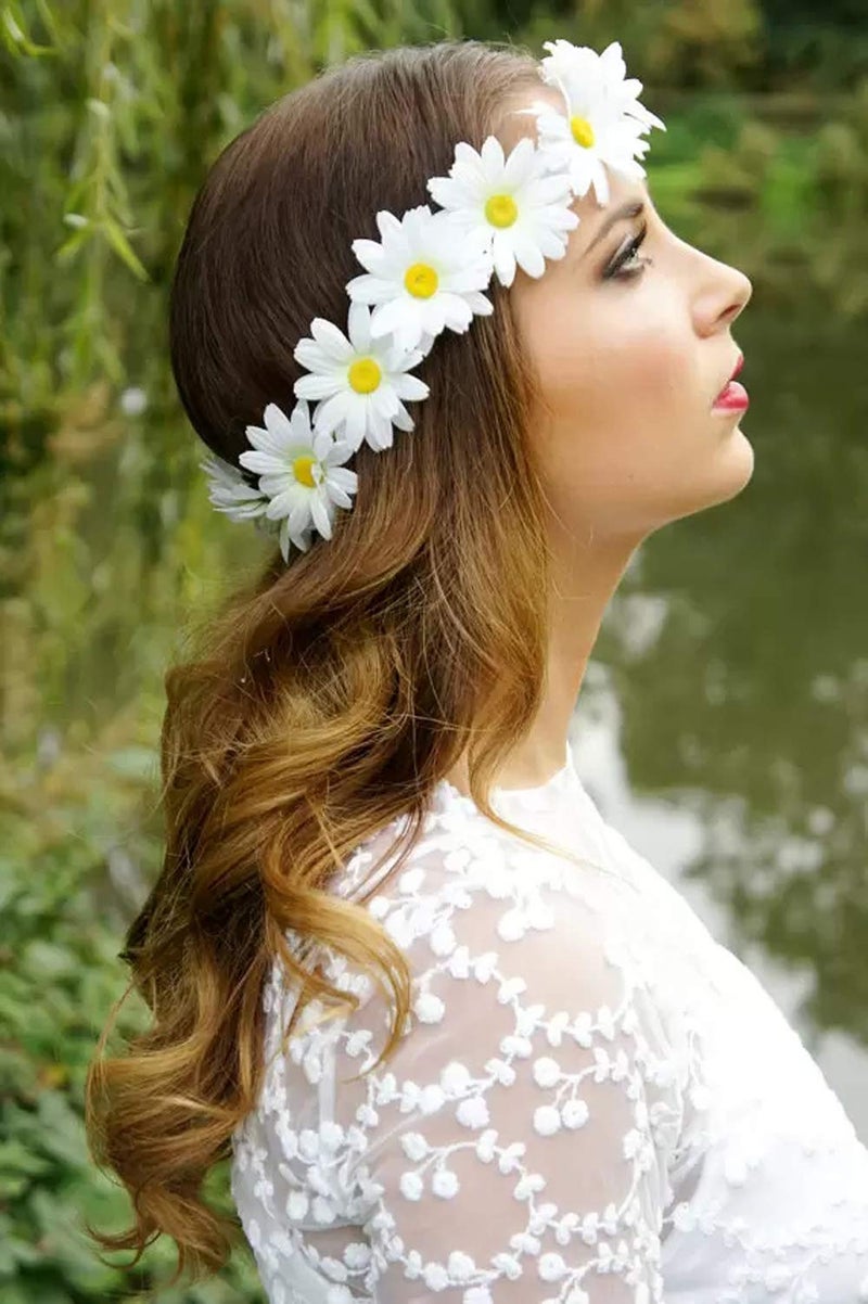 T-shin Little Daisy Flower Headband, Flower Halo,Hippie Flower Crown,Boho Floral Wreath,Bridal Headpiece,Sunflower Wreath for Women and Girls,Performances, Parties,Weddings,Festivals (White) - Image 2