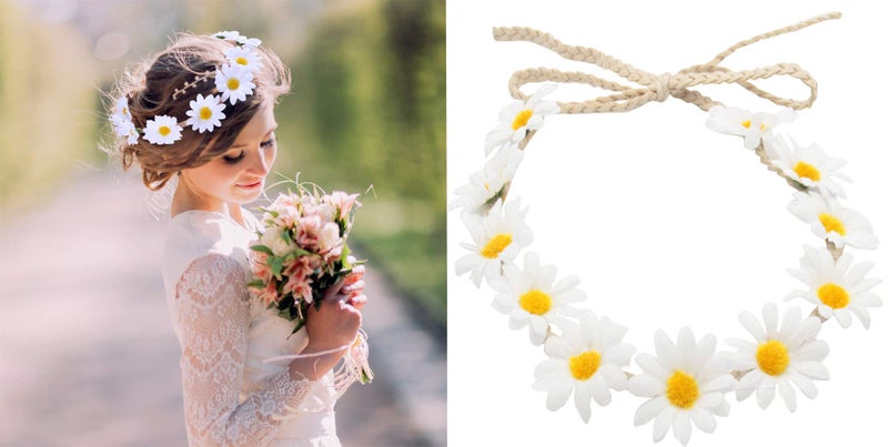 T-shin Little Daisy Flower Headband, Flower Halo,Hippie Flower Crown,Boho Floral Wreath,Bridal Headpiece,Sunflower Wreath for Women and Girls,Performances, Parties,Weddings,Festivals (White) - Image 1
