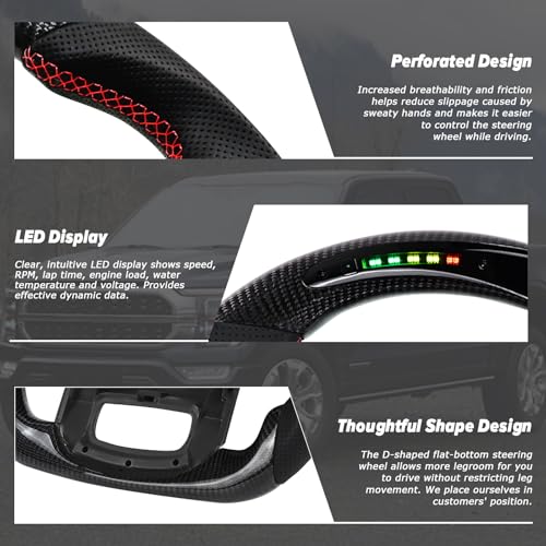 LOSCHEN Carbon Fiber Steering Wheel for F150 Raptor 2021-2024, D-shaped Flat-bottom Steering Wheel Preforated Leather Grip, with LED Display Shift Indicator (with Heating Function) - Image 3