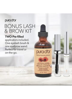 Pura d'or Organic Castor Oil (4Oz + 2 Bonus Prefilled Eyelash & Eyebrow Brushes) 100% Pure Cold Pressed Hexane Free Serum For Fuller Thicker Lashes & Brows & Moisturizes Skin  - Image 2