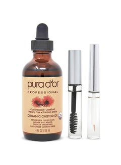 Pura d'or Organic Castor Oil (4Oz + 2 Bonus Prefilled Eyelash & Eyebrow Brushes) 100% Pure Cold Pressed Hexane Free Serum For Fuller Thicker Lashes & Brows & Moisturizes Skin  - Image 1