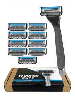DORCO Dorco Pace 4 Pro - Four Blade Razor Shaving System - 10 Pack (10 Cartridges + 1 Handle) 