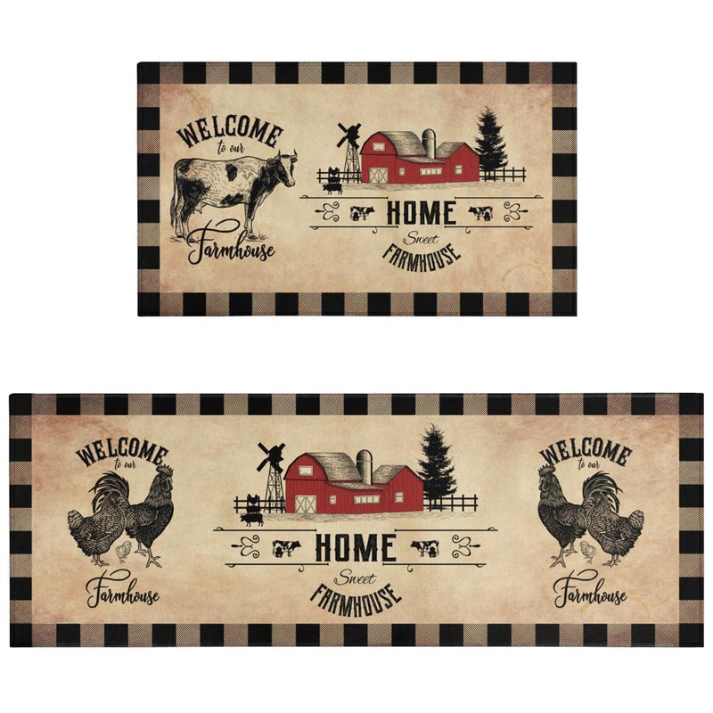 Ideasonna Farmhouse Kitchen Rugs Sets of 2 Decor Brown Country Rustic Cow Rooster Kitchen Rug Non-Slip Washable Farmhouse Kitchen Mats for Floor - Image 1