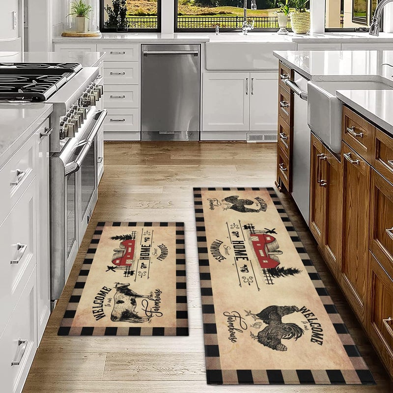 Ideasonna Farmhouse Kitchen Rugs Sets of 2 Decor Brown Country Rustic Cow Rooster Kitchen Rug Non-Slip Washable Farmhouse Kitchen Mats for Floor - Image 2