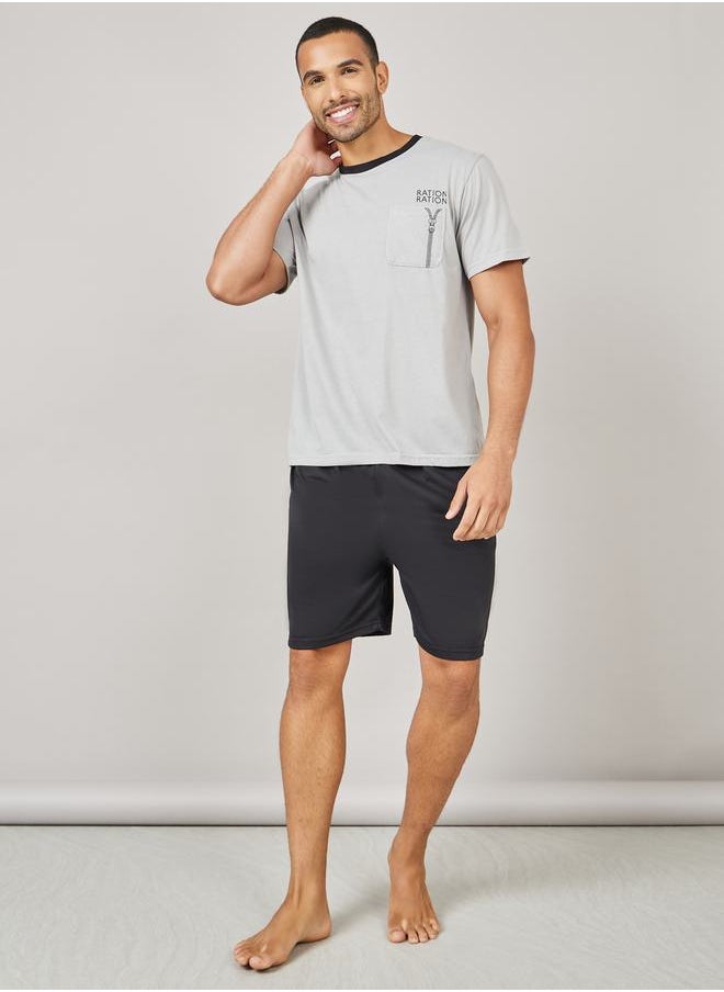 Styli - Contrast Crew Neck Printed Pocket Detail T-shirt and Short Set - Image 1