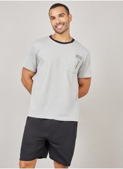 Contrast Crew Neck Printed Pocket Detail T-shirt and Short Set