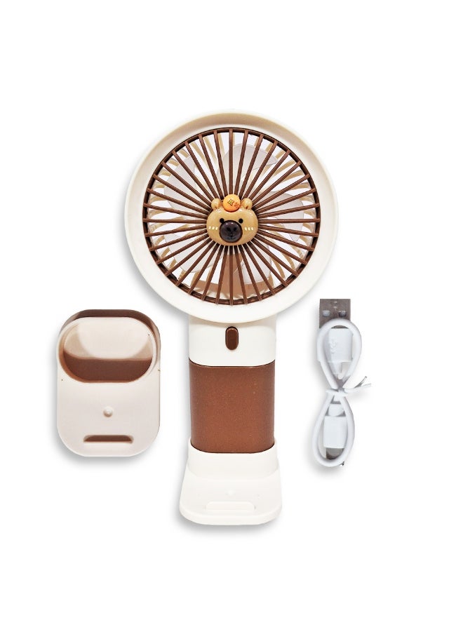 Generic - Mini handheld fan  , cute design decorated with bear face in the middle with bright and multi-colors , small size and easy to carry by hand or put in bag, equipped with USB rechargeable battery, on/off button 3 speeds with LED light, nice summer and birthday gift for kids and adults, high quality and easy to use - Image 1