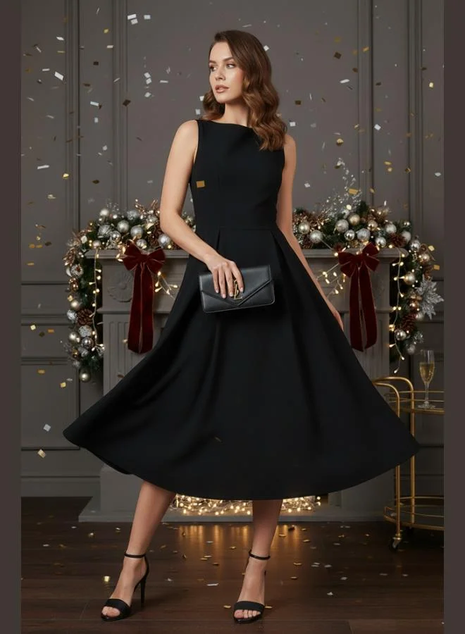 ليلا فستان سهرة ميدي بكسرات وياقة دائرية وجيب من ليلا للنساء