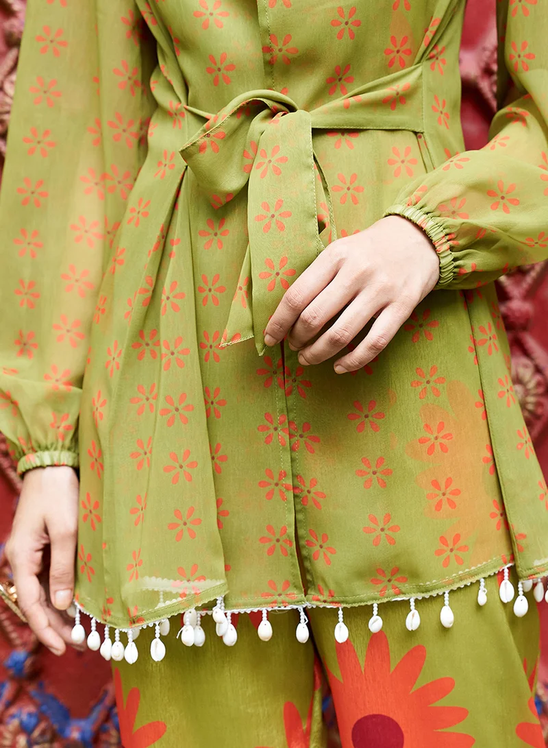 Qissa  Women's Avocado Green Flower Tie-Up Co-Ord Set For Casual Wear | Spagetti Straps | Bishop Sleeves | 3 Piece Co-Ords Designed With Comfort Fit For Everyday Ethnic Wear for Women | Best Price UAE
