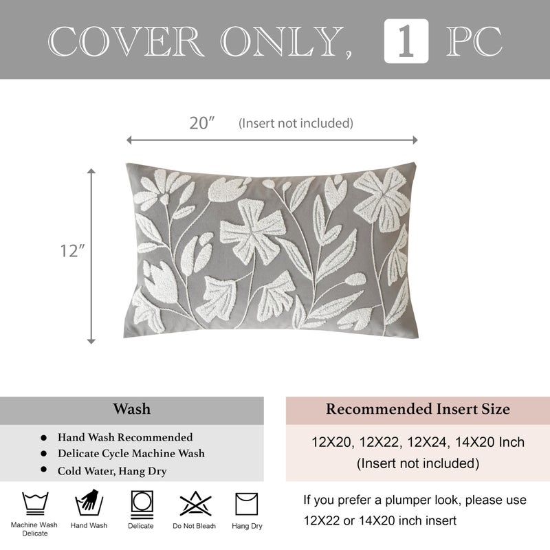 BlissBlush 12x20 Lumbar Pillow Cover, Rectangular Light Gray Decorative Throw Pillowcase for Couch Sofa, Embroidered Velvet Farmhouse Accent Cushion (Cover Only) - Image 5