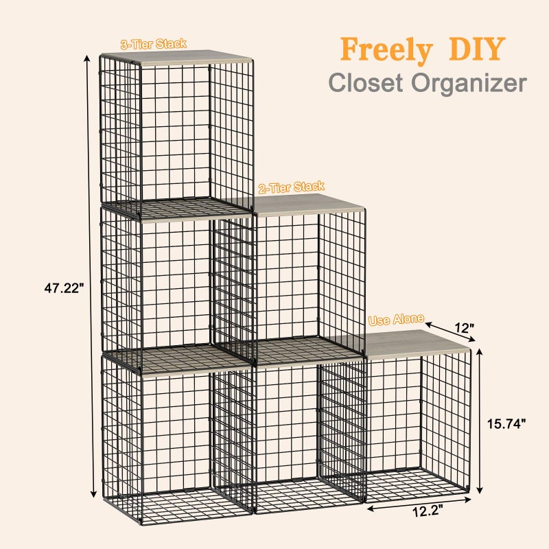 Hencawima Taller Closet Organizers and Storage with Wood Top, Set of 3 Stackable Wire Storage Bins for Clothes, Bags, Towels, Double Storage Design, Sturdy Metal Cube Shelf Organizer for Closet Wardrobe, Black - Image 3