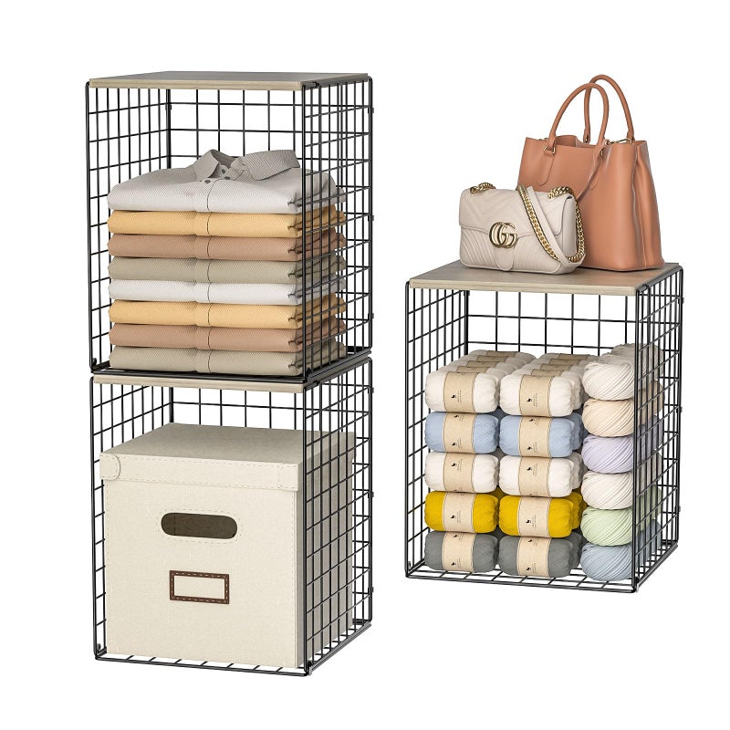 Hencawima Taller Closet Organizers and Storage with Wood Top, Set of 3 Stackable Wire Storage Bins for Clothes, Bags, Towels, Double Storage Design, Sturdy Metal Cube Shelf Organizer for Closet Wardrobe, Black - Image 1
