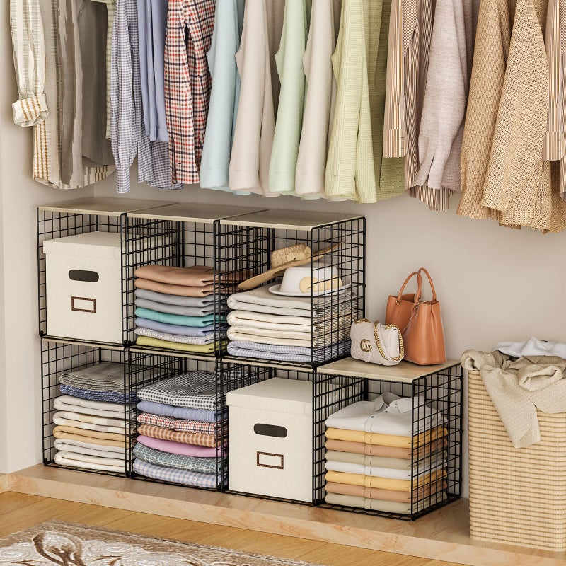 Hencawima Taller Closet Organizers and Storage with Wood Top, Set of 3 Stackable Wire Storage Bins for Clothes, Bags, Towels, Double Storage Design, Sturdy Metal Cube Shelf Organizer for Closet Wardrobe, Black - Image 4
