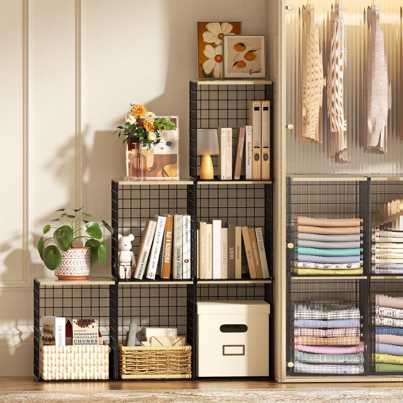 Hencawima Taller Closet Organizers and Storage with Wood Top, Set of 3 Stackable Wire Storage Bins for Clothes, Bags, Towels, Double Storage Design, Sturdy Metal Cube Shelf Organizer for Closet Wardrobe, Black - Image 5