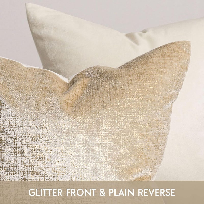 Phantoscope Pack of 2 Sparkling Velvet Decorative Solid Throw Decorative Pillow Cover Soft Gold Glitter Square Cushion Cover Pillowcase for Couch Bed and Chair, Beige, 12 x 20 inches, 30 x 50 cm - Image 2
