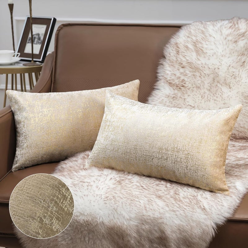 Phantoscope Pack of 2 Sparkling Velvet Decorative Solid Throw Decorative Pillow Cover Soft Gold Glitter Square Cushion Cover Pillowcase for Couch Bed and Chair, Beige, 12 x 20 inches, 30 x 50 cm - Image 1