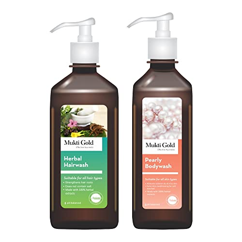 Axiom Mukti Gold Combo Pack | Mukti Gold Herbal Hairwash 400ml + Pearly Bodywash 250ml | Strengthens Hair Roots | Suitable for all skin types |Made with 100% herbal extracts - Image 1