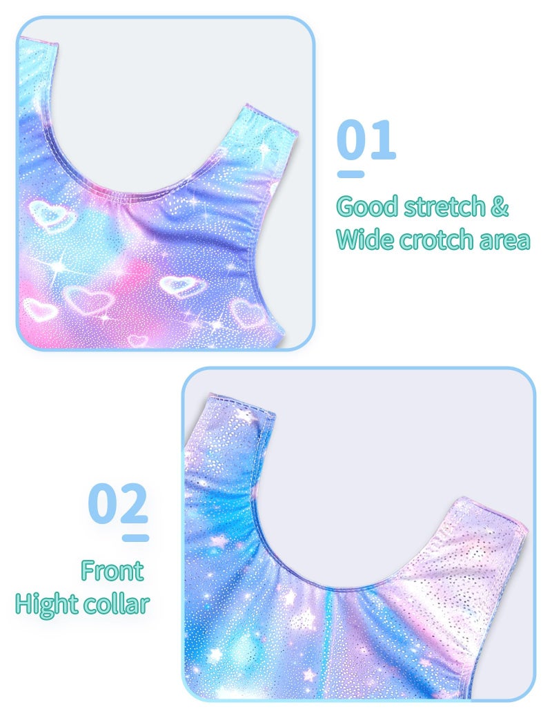 Nymphperi Girls Gymasitcs Leotards Size 4-5t Shiny Rainbow Blue Stars Heart Sleeveless Biketards Dance Unitards - Image 3
