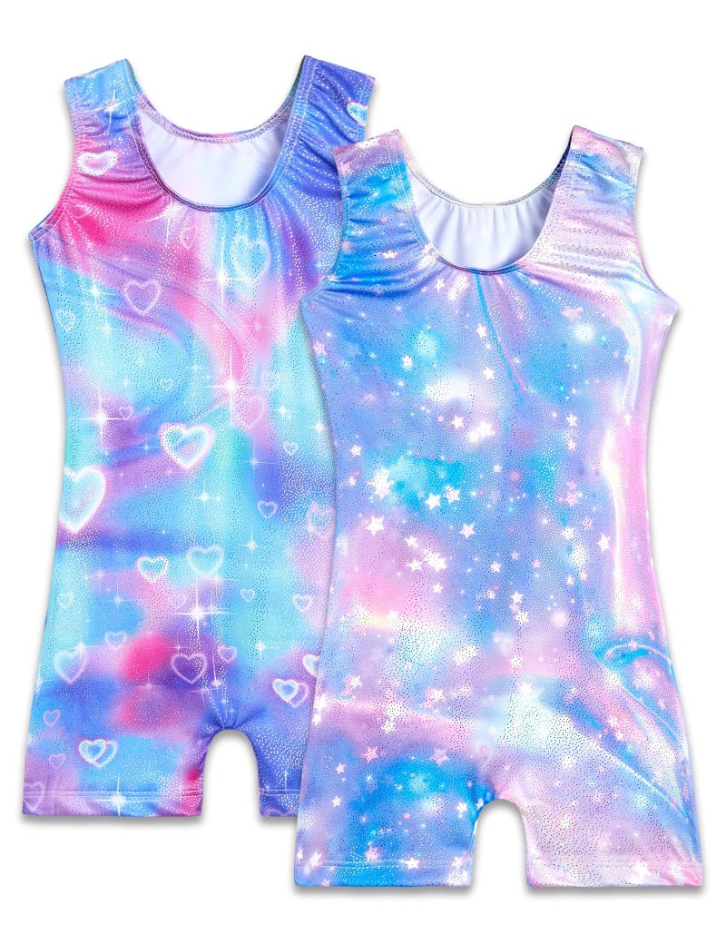 Nymphperi Girls Gymasitcs Leotards Size 4-5t Shiny Rainbow Blue Stars Heart Sleeveless Biketards Dance Unitards - Image 2