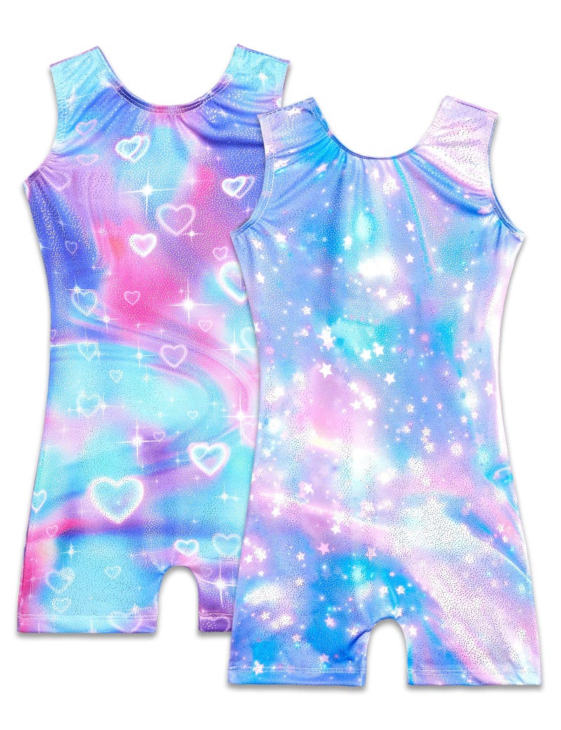 Nymphperi Girls Gymasitcs Leotards Size 4-5t Shiny Rainbow Blue Stars Heart Sleeveless Biketards Dance Unitards - Image 1