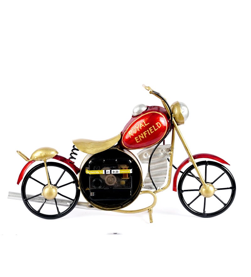 CRAFT TREE Metal Handpainted Decorative Bike Table Clock Showpiece | Vintage Motorcycle Design | Home & Office Decor | Red, Size: L12 x B3 x H7 Inches - Image 4